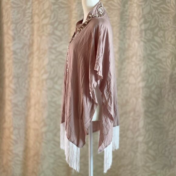 Rare Boho Fringe Poncho Raw Hem Beaded Rhinestones Glam Festival Size‎ S/M - Picture 5 of 8